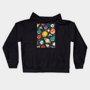 Paper space adventure II // pattern // black background multicoloured solar system paper cut planets origami paper spaceships and rockets Kids Hoodie